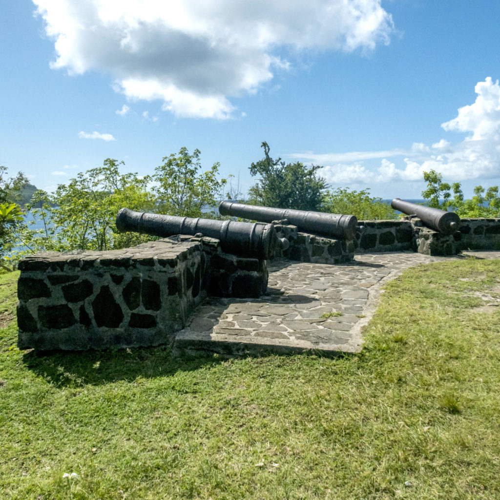 Medieval cannons on the hilltop of Fort Hamilton on Bequia Island, St Vincent and the Grenadines, Lesser Antilles, Caribbean.