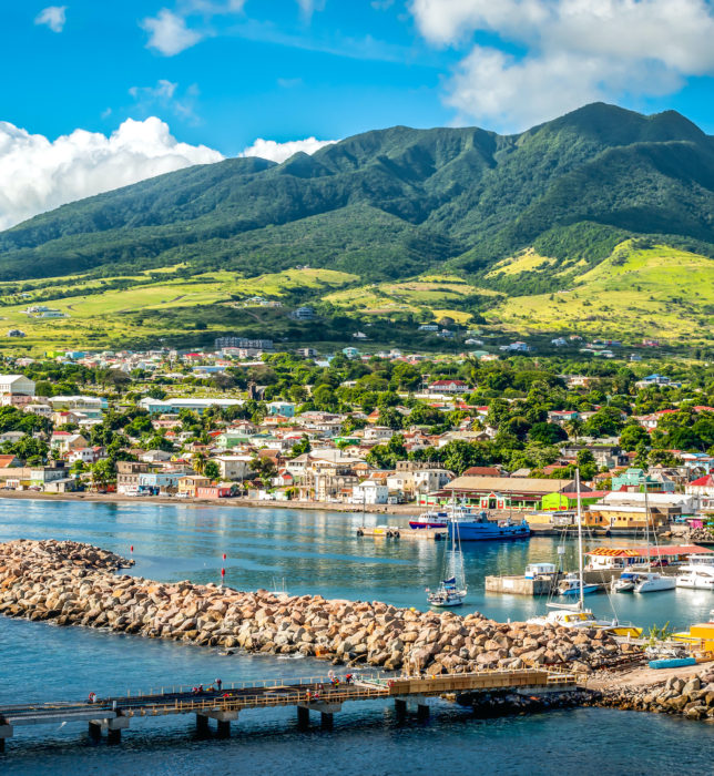 Landscape of St Kitts Island, Leeward Islands. View from cruise port Zante, Basseterre.