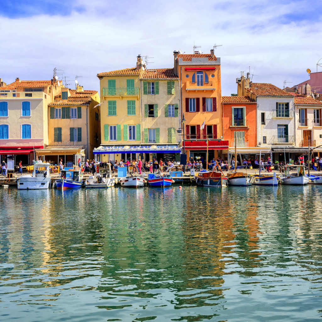 Colorful traditional houses on the promenade in the port of Cassis town, Provence, France