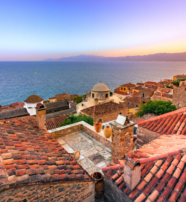 The medieval "castletown" of Monemvasia, often called "The Greek Gibraltar", Lakonia, Peloponnese, Greece