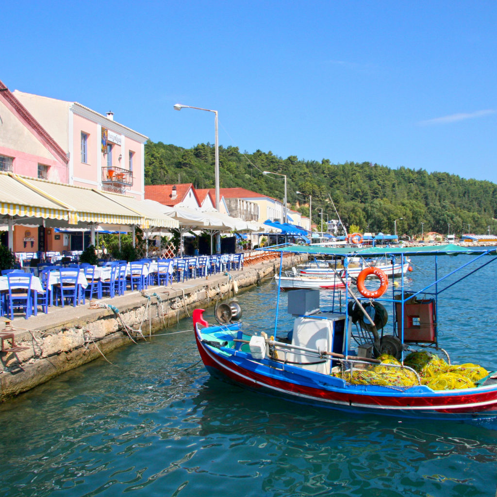 Waterfront of the sleepy Greek fishing village of Katakolon, Greece. Katakolon is the port for Olympia.