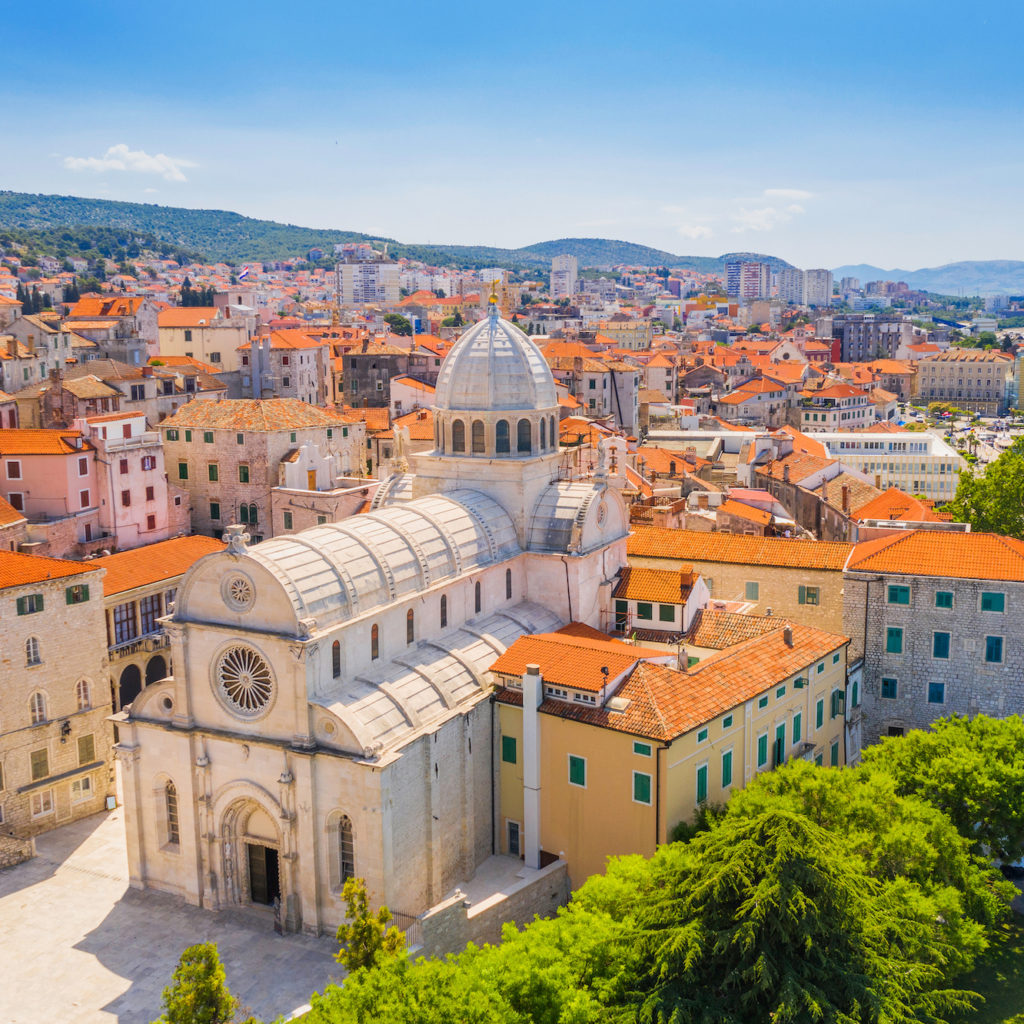 Croatia, city of Sibenik, panoramic view od the old town center and cathedral of St James, most important architectural monument of the Renaissance era in Croatia, UNESCO World Heritage