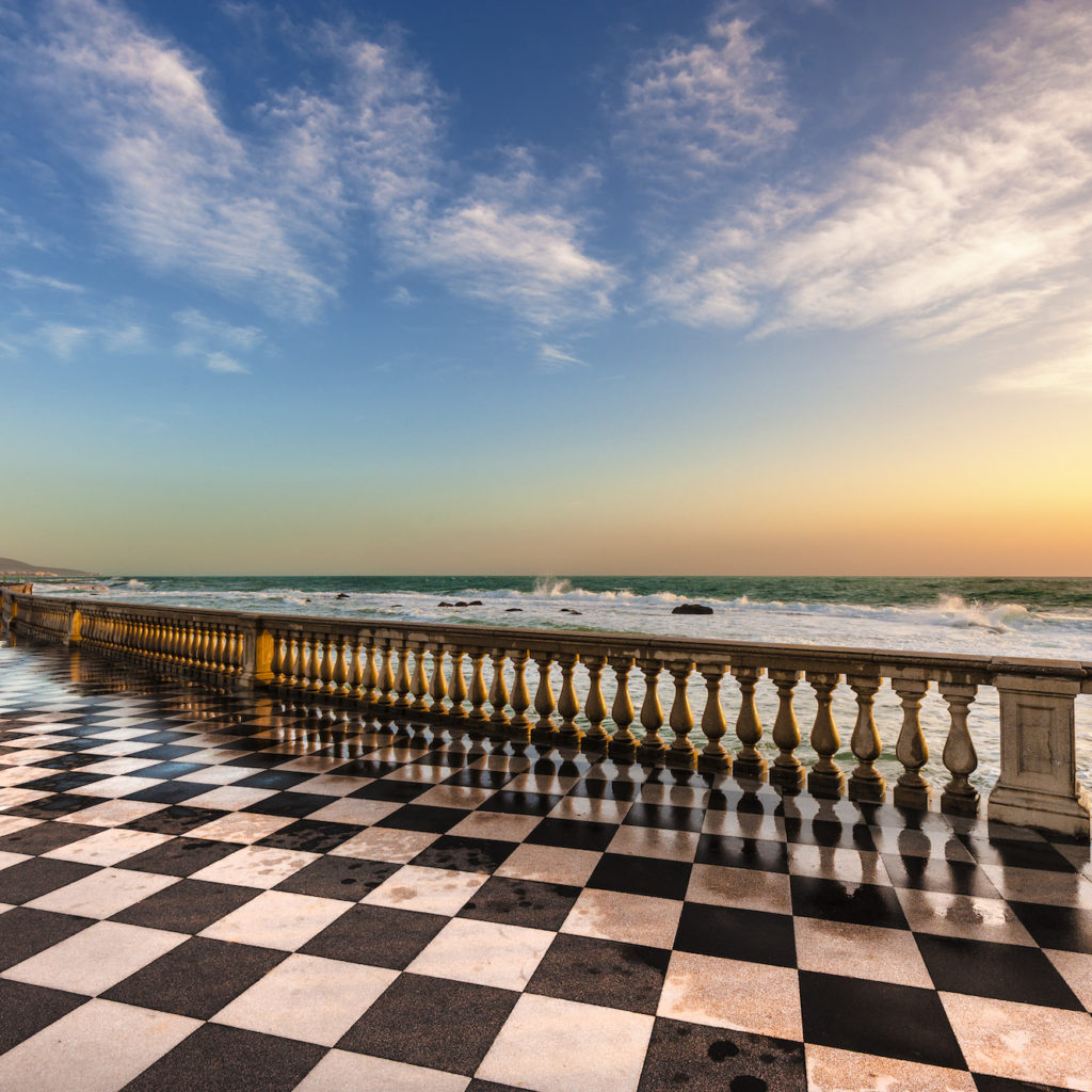 Terrace Mascagni in Livorno, viewpoint along the sea with the checkerboard floor, Tuscany, Italy