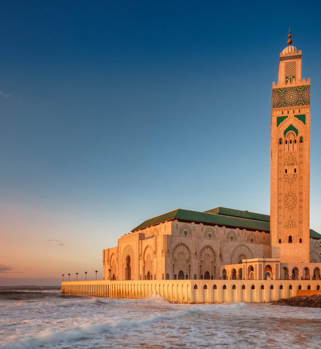 The Hassan II Mosque is the largest mosque in Morocco. Shot  after sunset at blue hour in Casablanca.