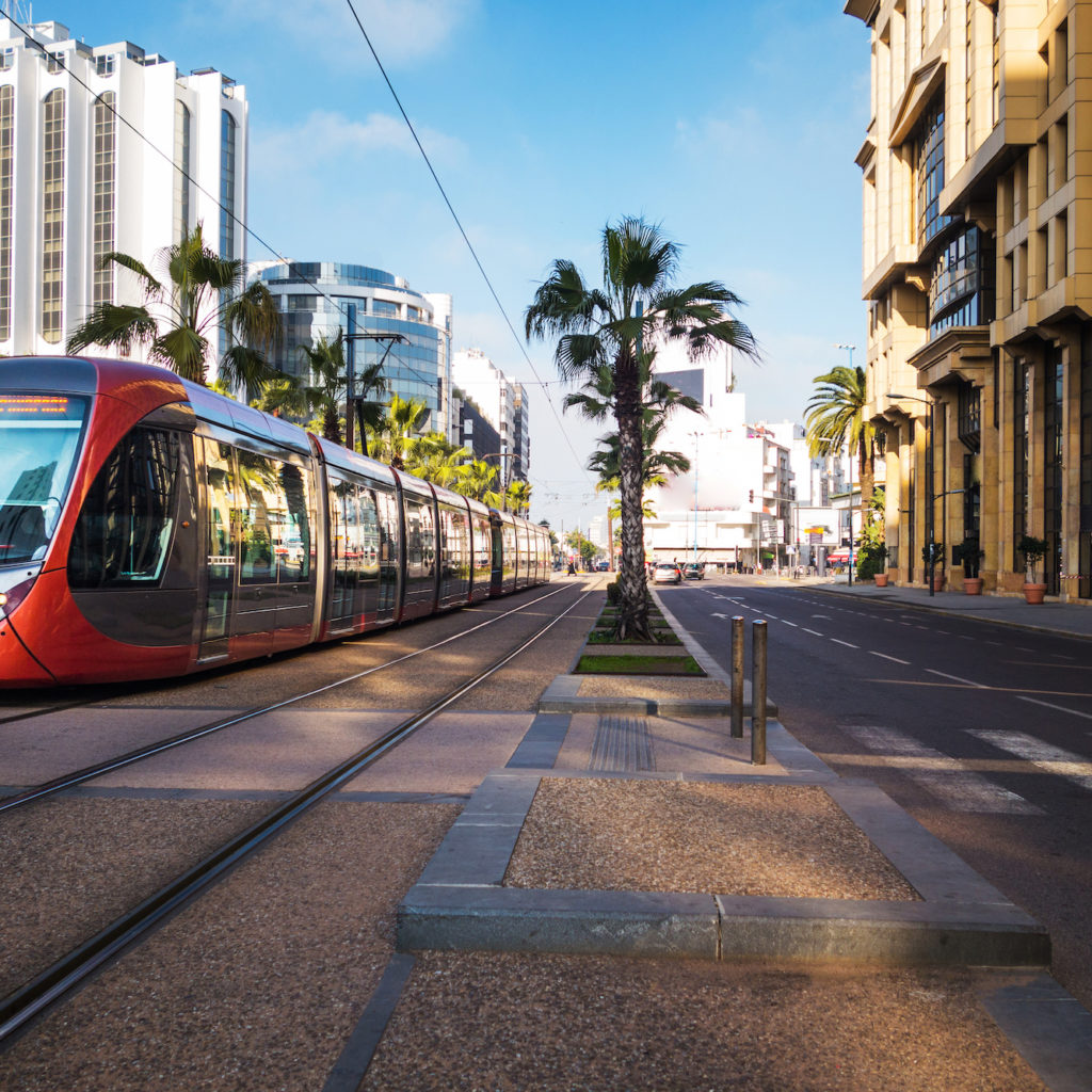 view of a tram passing on railways in the financial district - Casablanca - Morocco