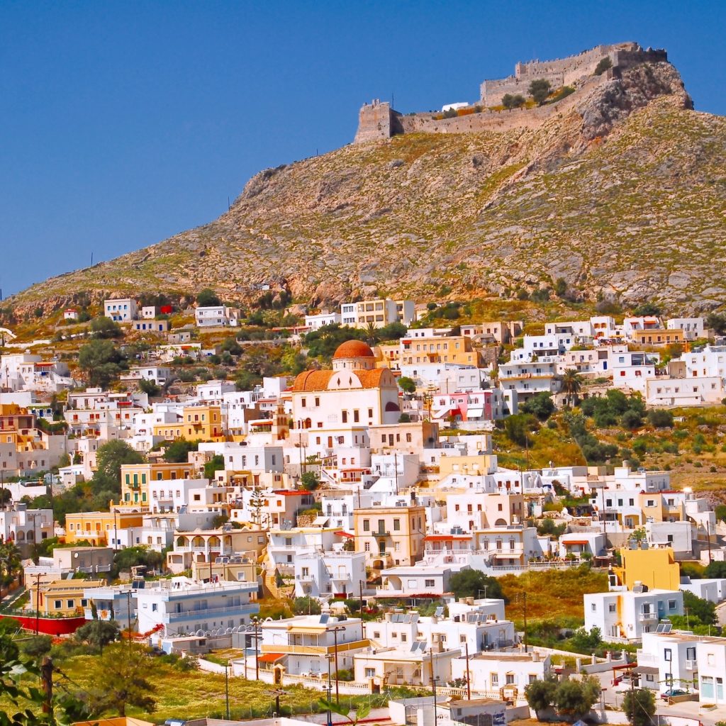 The town of Agia Marina with the ancient Venetian castle in background. Leros island Dodecanese islands, Greece.