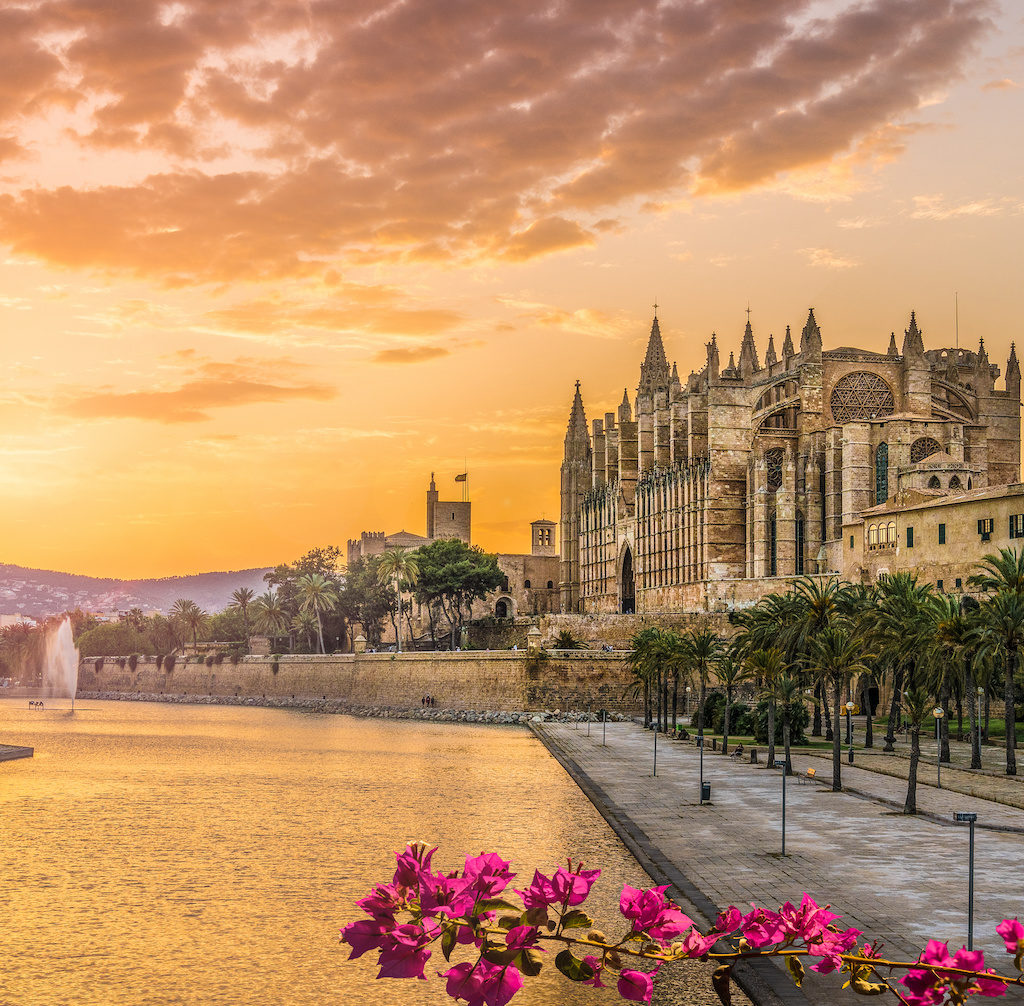 Landscape with Cathedral La Seu at sunset time in Palma de Mallorca islands, Spain