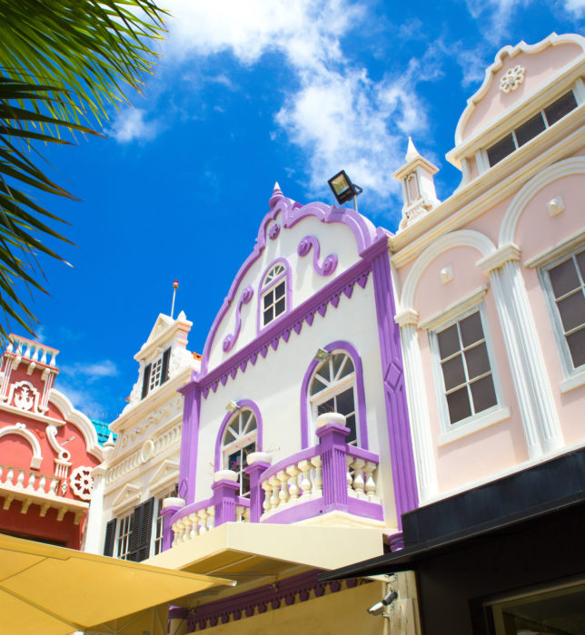 Example of vibrant and colorful Dutch architecture on buildings in Caribbean city of downtown Oranjestad, Aruba